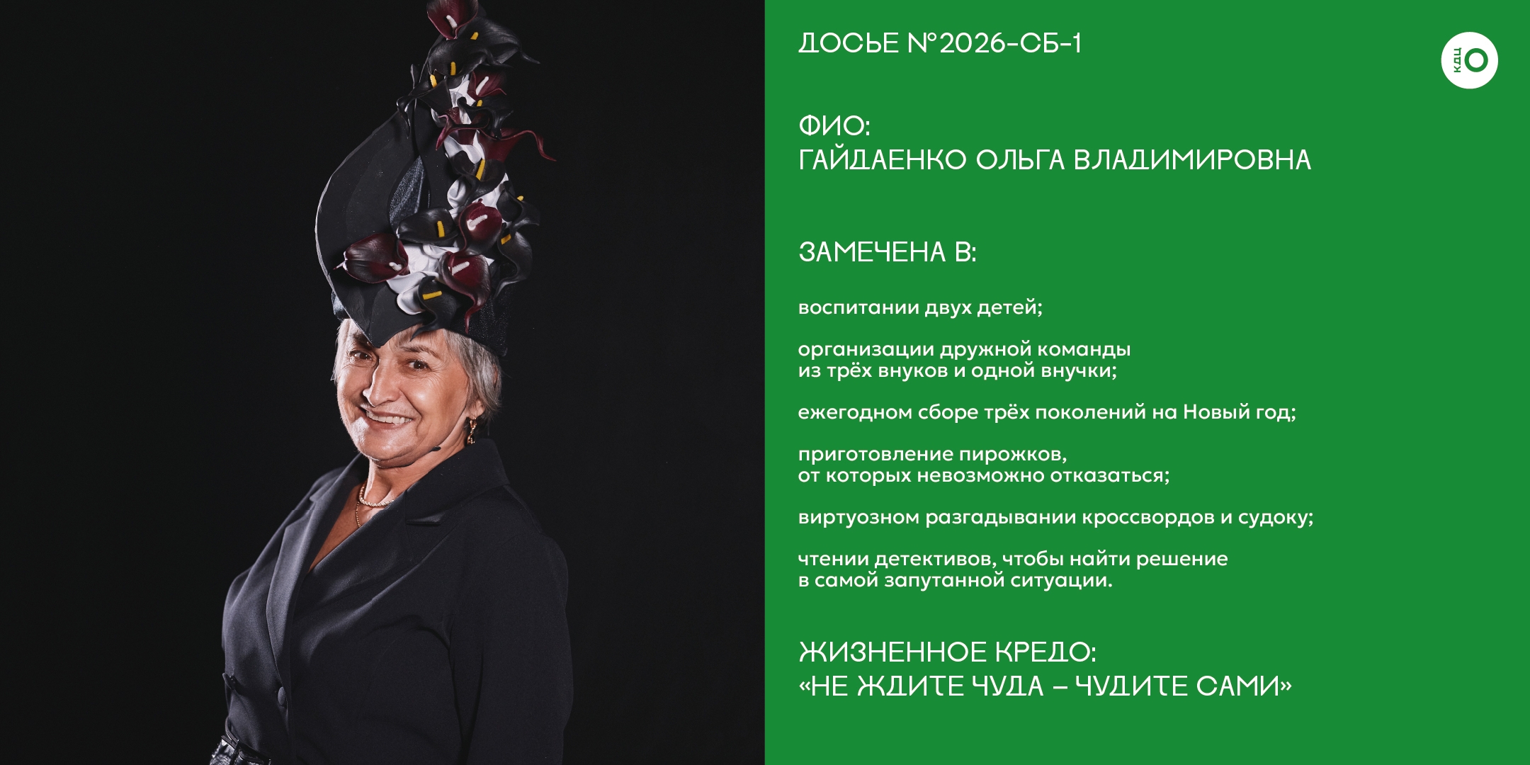 Досье № 2026-СБ-1 на участницу конкурса. Слева — портрет элегантной женщины в чёрном костюме и необычной шляпе. Справа на зелёном фоне — текст: ФИО и подробный текст.